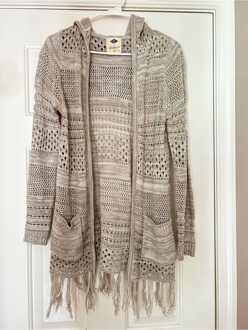 Sun + Stone Open-Knit Hooded Fringe Cardigan - Taupe